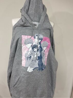 Gray Anime Graphic Pullover Hoodie